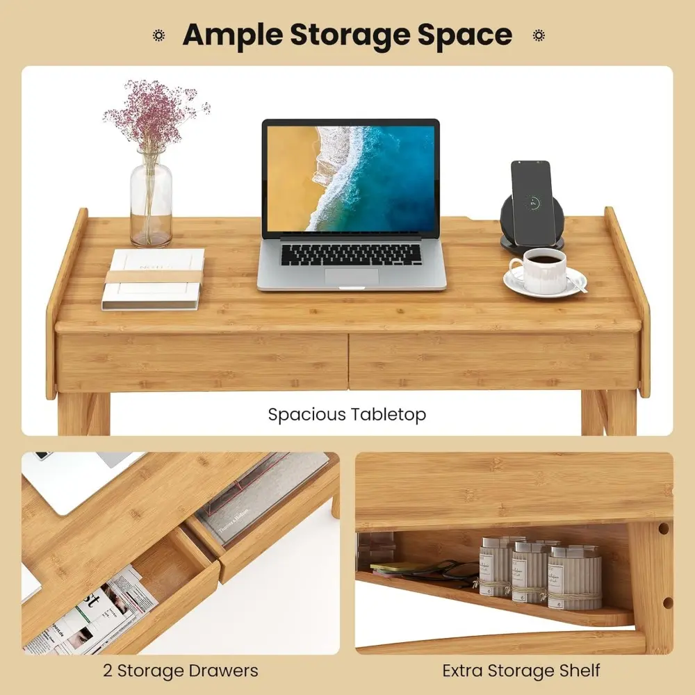 Computer Desk, 39.5" Bamboo Home Office Desk with 2 Storage Drawers and Open Shelf, Makeup Table Vanity Desk, Modern Writing De