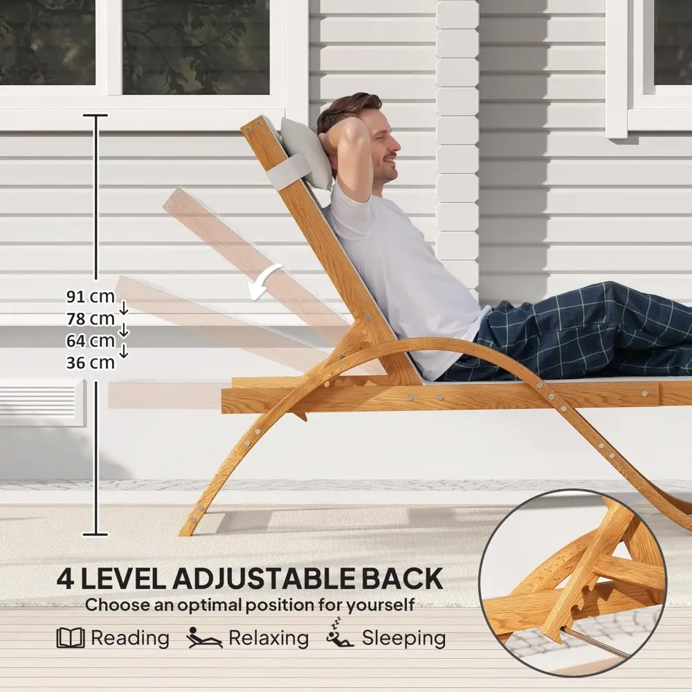 Larch Wood Lounge Chair, 4-Level Adjustable Tanning Chair, Full Flat Patio Lounger with Mesh Seat, Outdoor Sun Chaise