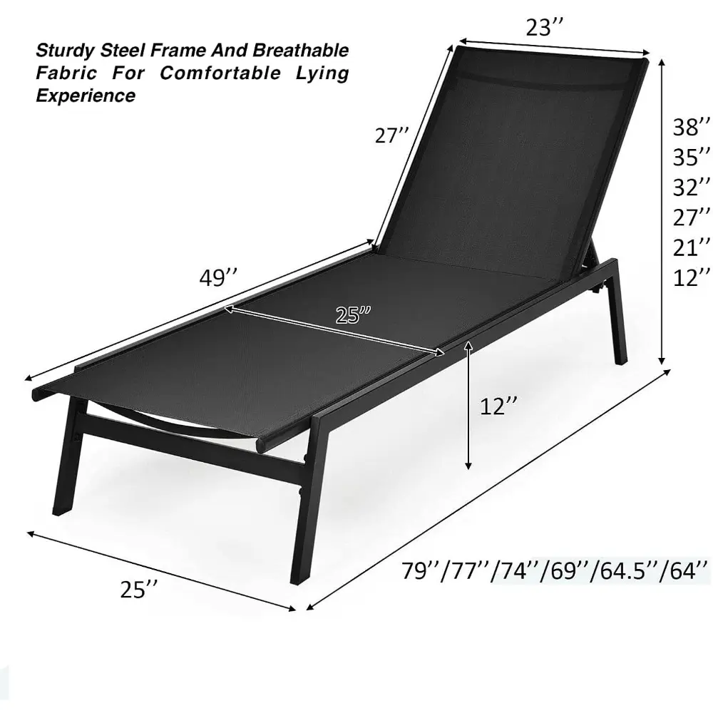 2PCS Black Patio Outdoor Chaise Lounge Lounger Recliner Sunbathing Bed Breathable Fabric Steel Frame 6 Adjustable Backrest Posi