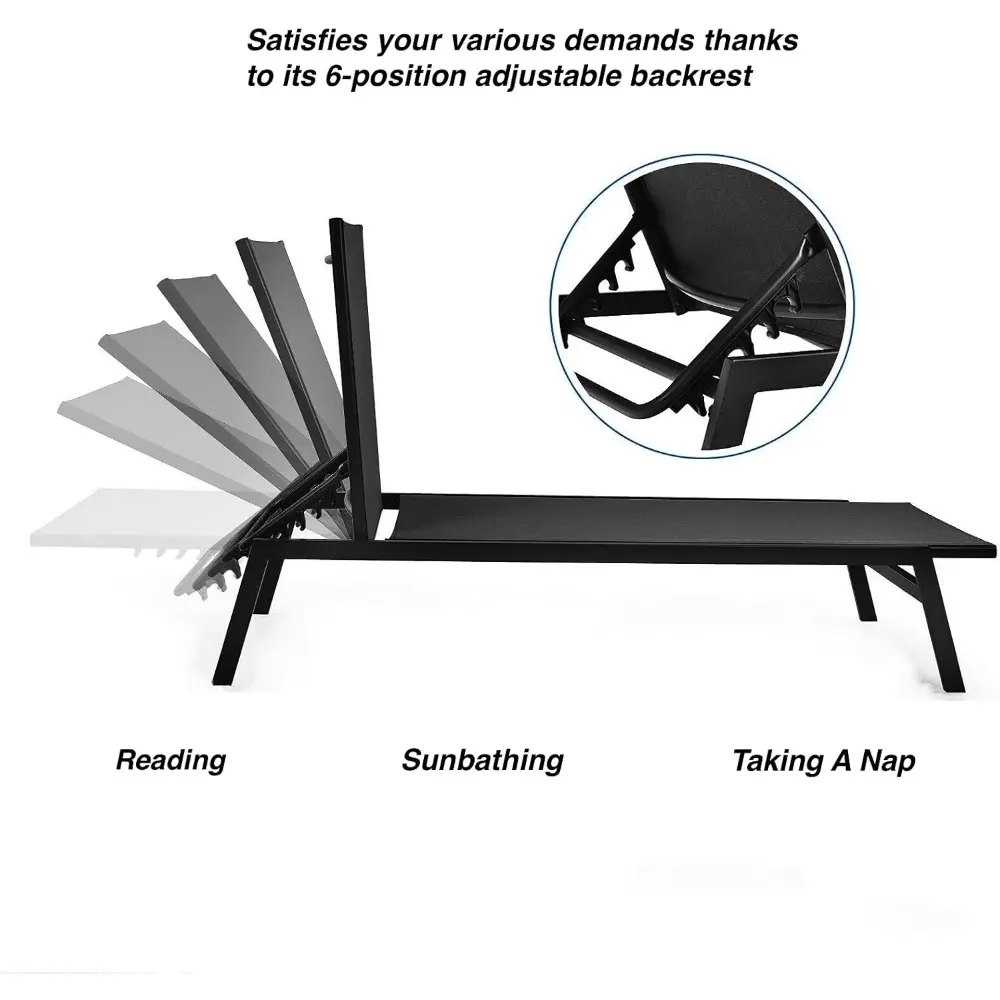 2PCS Black Patio Outdoor Chaise Lounge Lounger Recliner Sunbathing Bed Breathable Fabric Steel Frame 6 Adjustable Backrest Posi