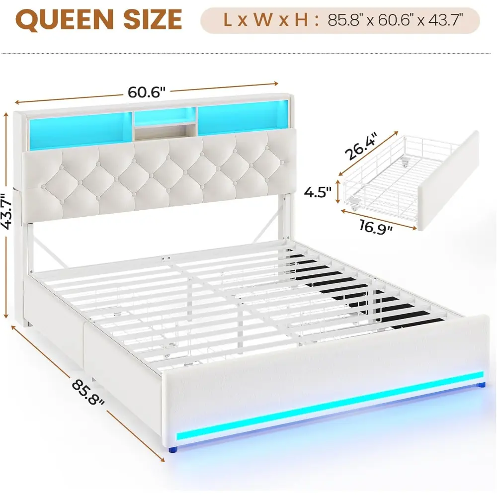 Queen Bed Frame with 4 Drawers & Storage Headboard, LED Bed Frame Queen Size with Charging Station,Velvet Upholstered Bed with M