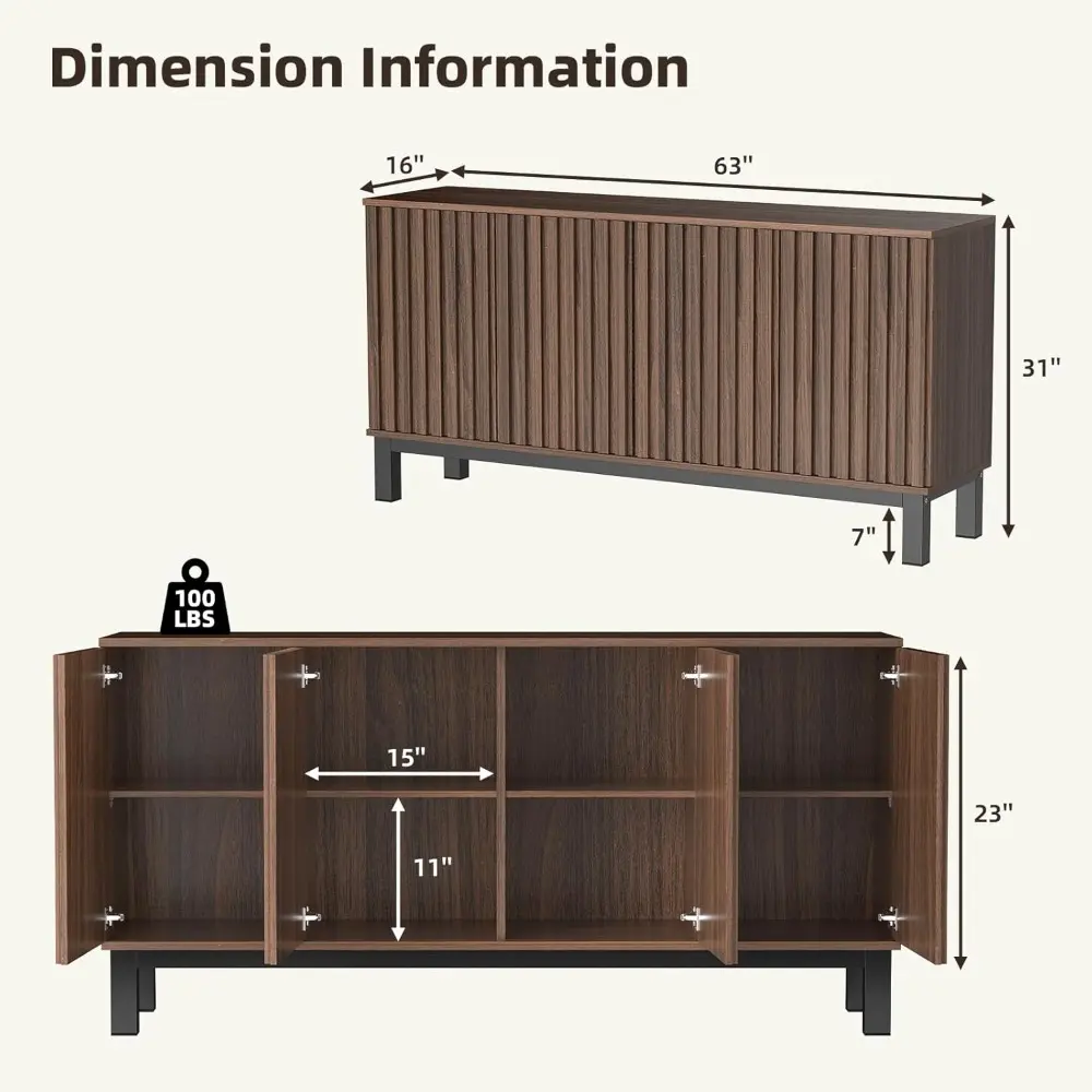 63" Buffet Cabinet with Storage, Large Kitchen Sideboard with 4 Fluted Doors, Mid Century Modern Accent Credenza Storage Wood Ca