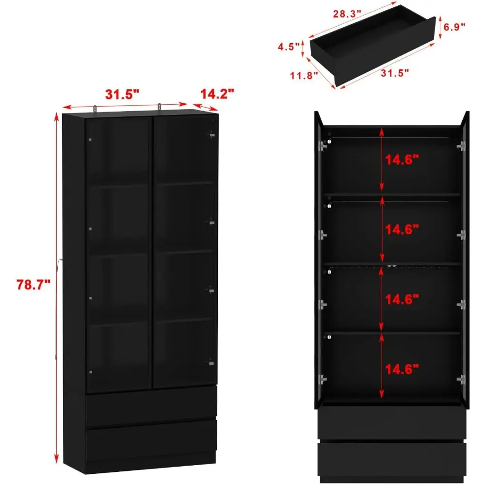 Display Cabinet with 2 Glass Doors and Lights, Display Case Cabinet with 4-Tier Storage Shelves and 2 Drawers, Pop-up Design, f