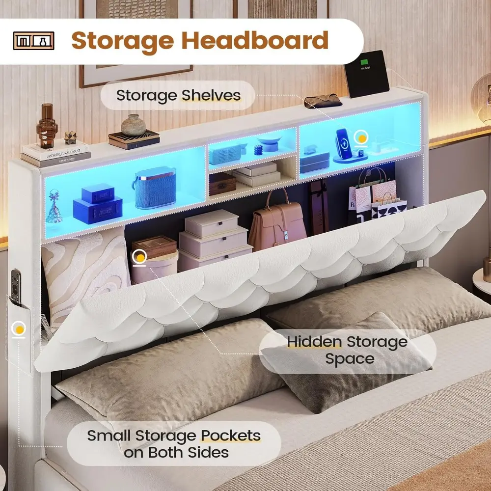Queen Bed Frame with 4 Drawers & Storage Headboard, LED Bed Frame Queen Size with Charging Station,Velvet Upholstered Bed with M