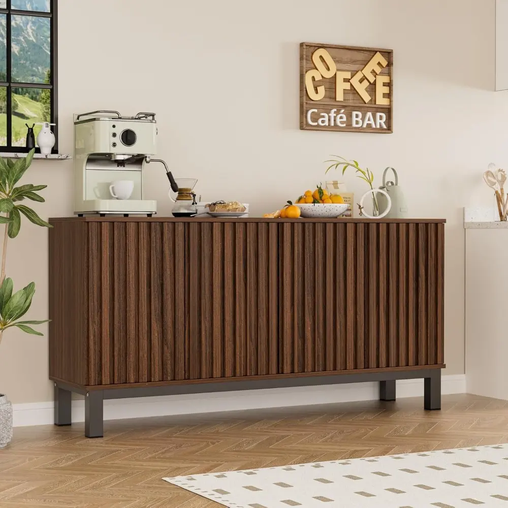 63" Buffet Cabinet with Storage, Large Kitchen Sideboard with 4 Fluted Doors, Mid Century Modern Accent Credenza Storage Wood Ca