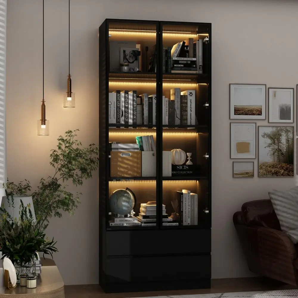 Display Cabinet with 2 Glass Doors and Lights, Display Case Cabinet with 4-Tier Storage Shelves and 2 Drawers, Pop-up Design, f
