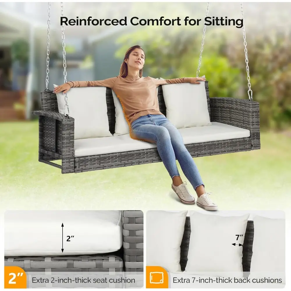 Heavy Duty 800 LBS Wicker Hanging Porch Swing with Cushions & Chains, 5FT Outdoor Rattan Swing Bench for Garden, Yard, Lawn (Gr