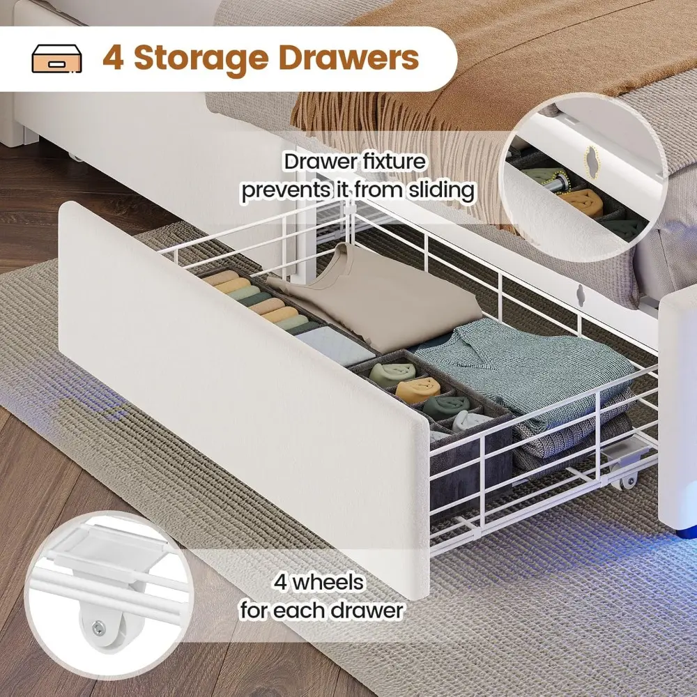 Queen Bed Frame with 4 Drawers & Storage Headboard, LED Bed Frame Queen Size with Charging Station,Velvet Upholstered Bed with M