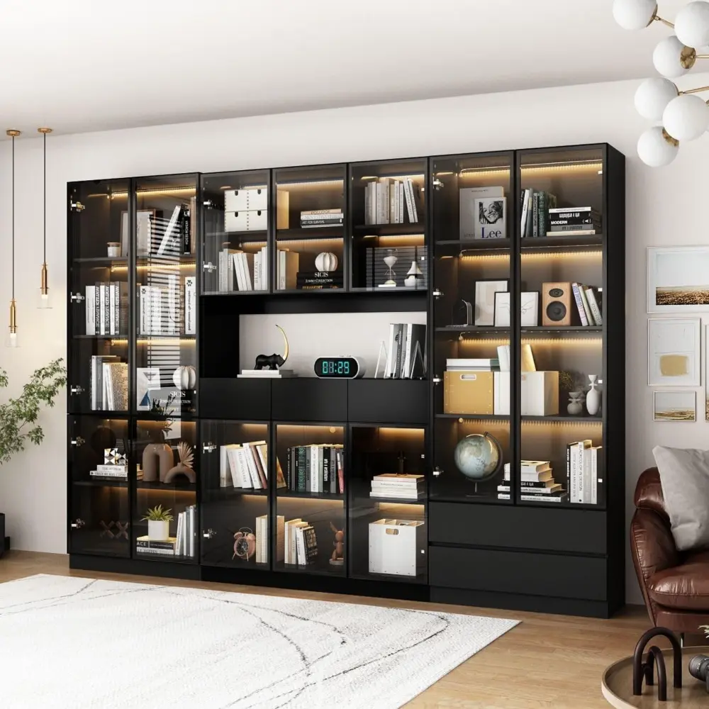 Display Cabinet with 2 Glass Doors and Lights, Display Case Cabinet with 4-Tier Storage Shelves and 2 Drawers, Pop-up Design, f