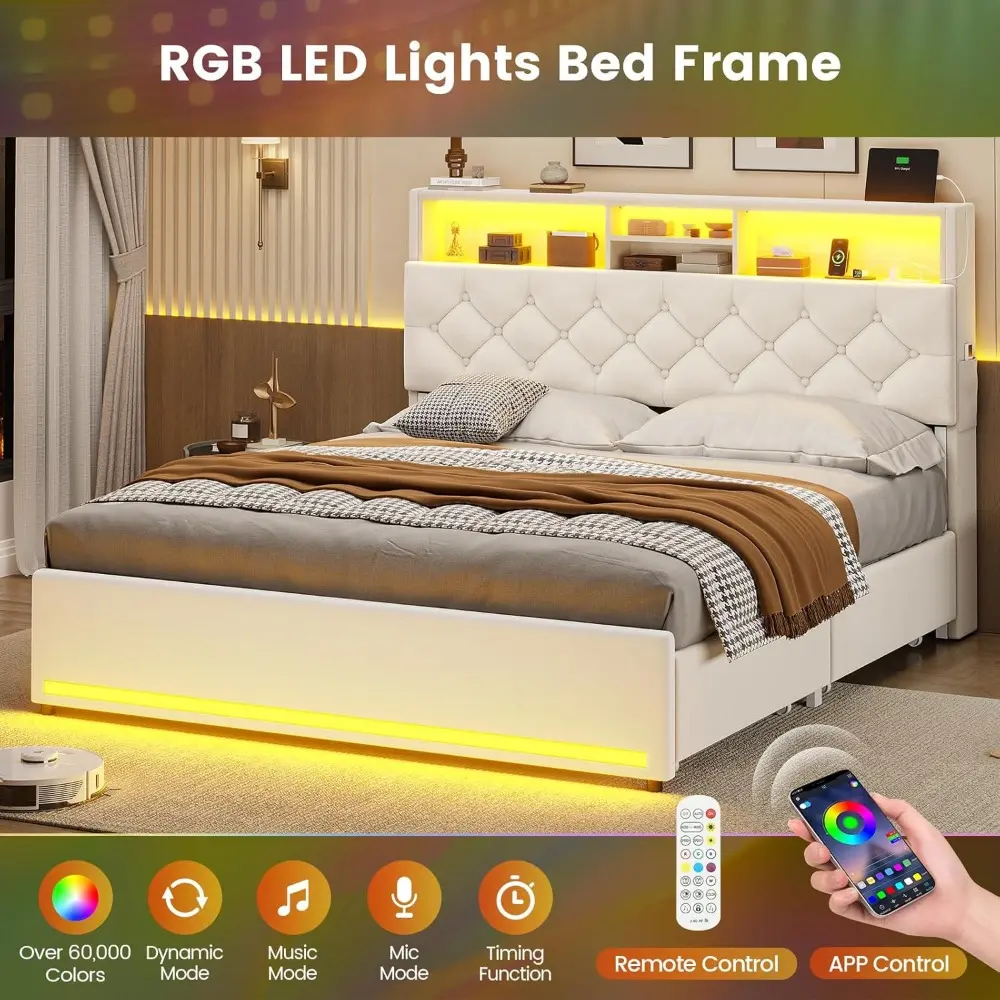 Queen Bed Frame with 4 Drawers & Storage Headboard, LED Bed Frame Queen Size with Charging Station,Velvet Upholstered Bed with M
