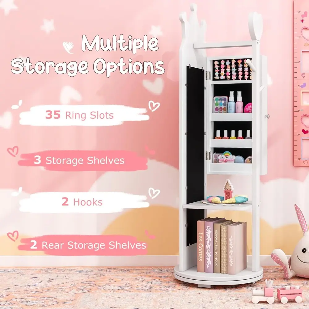 Kids Vanity & Jewelry Armoire Cabinet, Wooden Kids Vanity Table and Chair Set, 360° Swivel Standing Jewelry Organizer with Full