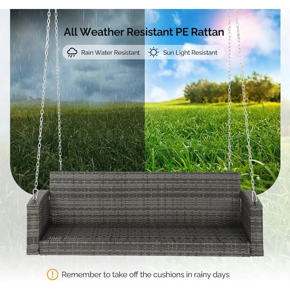 Heavy Duty 800 LBS Wicker Hanging Porch Swing with Cushions & Chains, 5FT Outdoor Rattan Swing Bench for Garden, Yard, Lawn (Gr