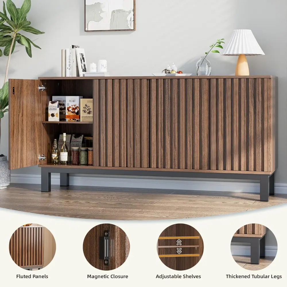 63" Buffet Cabinet with Storage, Large Kitchen Sideboard with 4 Fluted Doors, Mid Century Modern Accent Credenza Storage Wood Ca