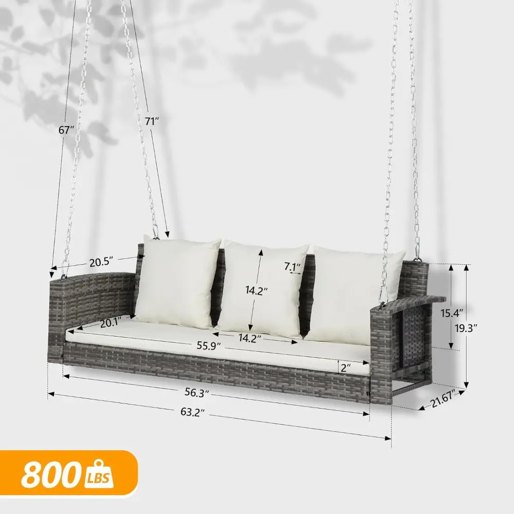 Heavy Duty 800 LBS Wicker Hanging Porch Swing with Cushions & Chains, 5FT Outdoor Rattan Swing Bench for Garden, Yard, Lawn (Gr