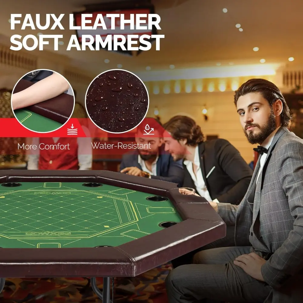 Foldable Poker Table, 8 Player Octagonal Folding Texas Holdem Blackjack Table w/Casino-Grade Felt, Water-Resistant Cushioned Ra