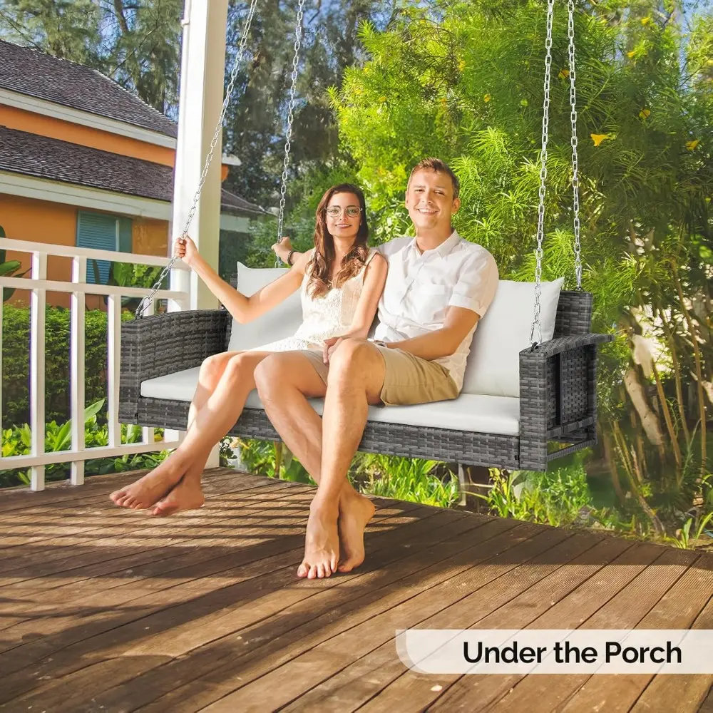 Heavy Duty 800 LBS Wicker Hanging Porch Swing with Cushions & Chains, 5FT Outdoor Rattan Swing Bench for Garden, Yard, Lawn (Gr
