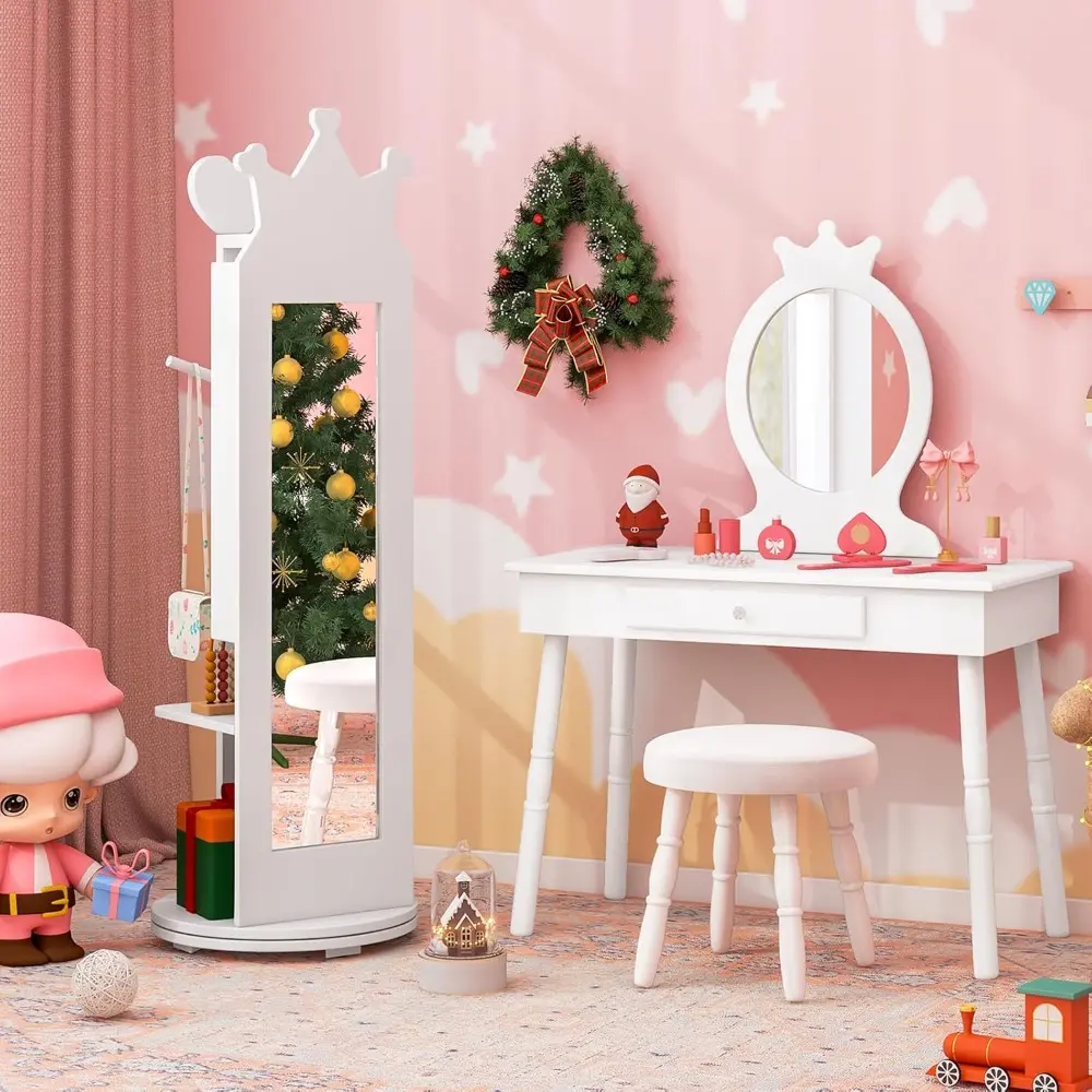 Kids Vanity & Jewelry Armoire Cabinet, Wooden Kids Vanity Table and Chair Set, 360° Swivel Standing Jewelry Organizer with Full