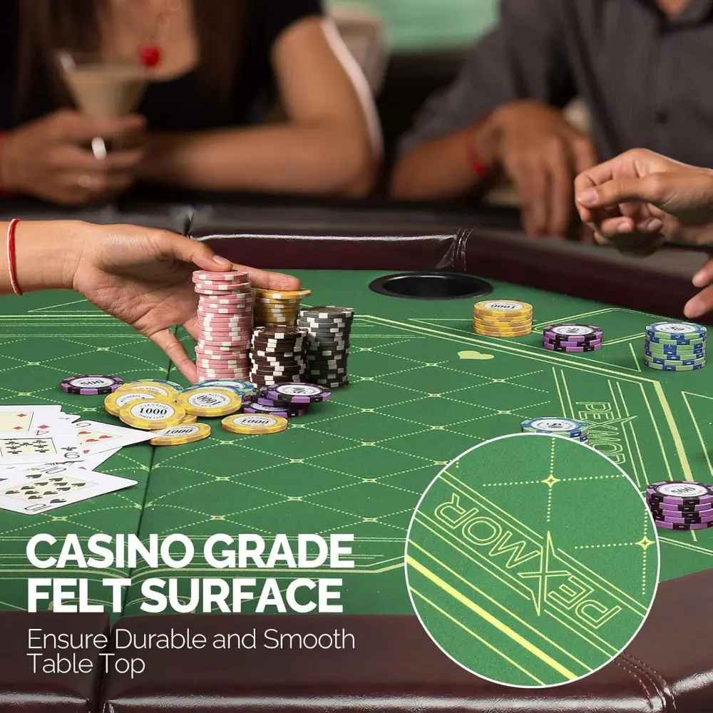 Foldable Poker Table, 8 Player Octagonal Folding Texas Holdem Blackjack Table w/Casino-Grade Felt, Water-Resistant Cushioned Ra