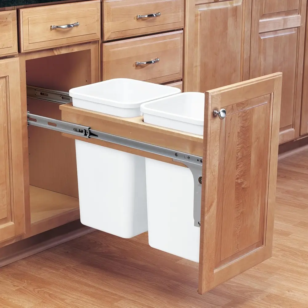 Rev-A-Shelf Double Pullout Trash Can for Under Kitchen Cabinets 35 Quart 8.75 Gallon, Top Mount 14.75 Inch Wide, White, 4WCTM-18