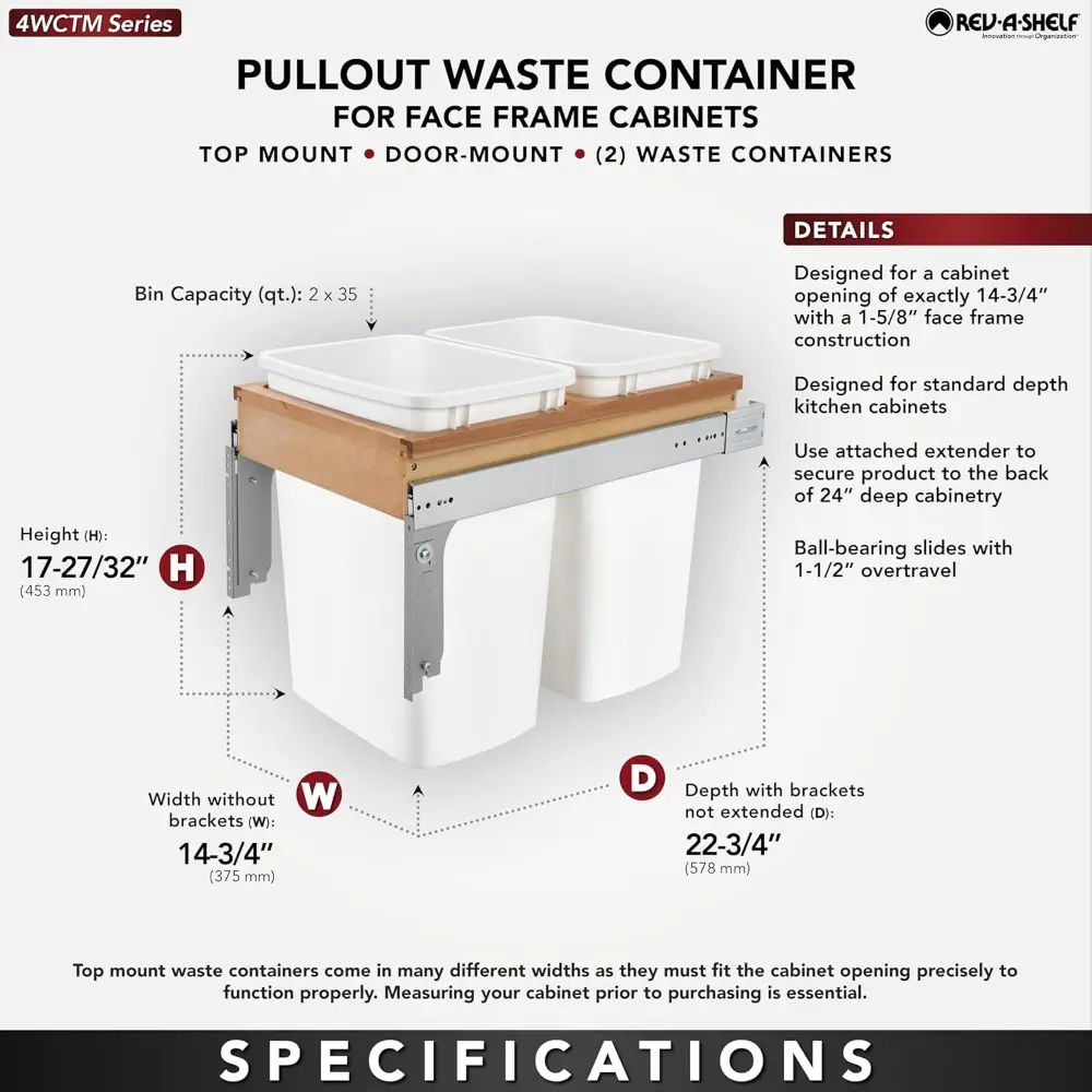 Rev-A-Shelf Double Pullout Trash Can for Under Kitchen Cabinets 35 Quart 8.75 Gallon, Top Mount 14.75 Inch Wide, White, 4WCTM-18