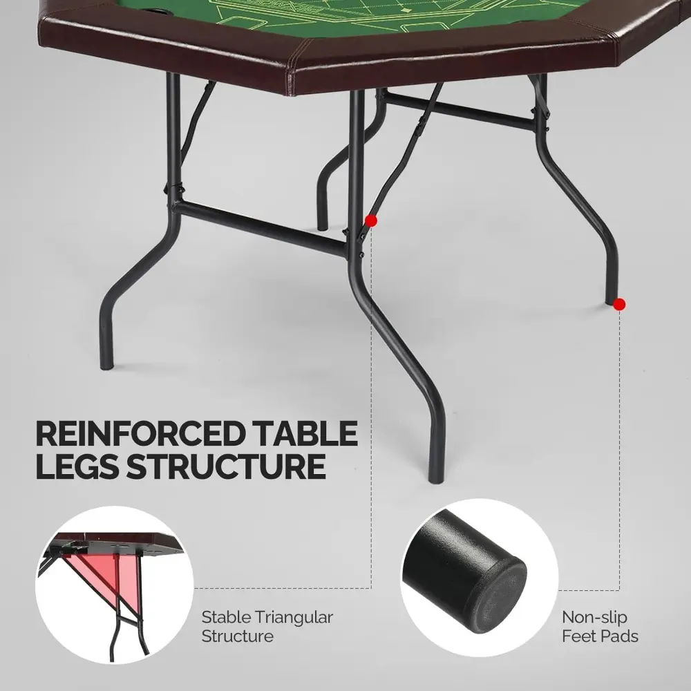 Foldable Poker Table, 8 Player Octagonal Folding Texas Holdem Blackjack Table w/Casino-Grade Felt, Water-Resistant Cushioned Ra