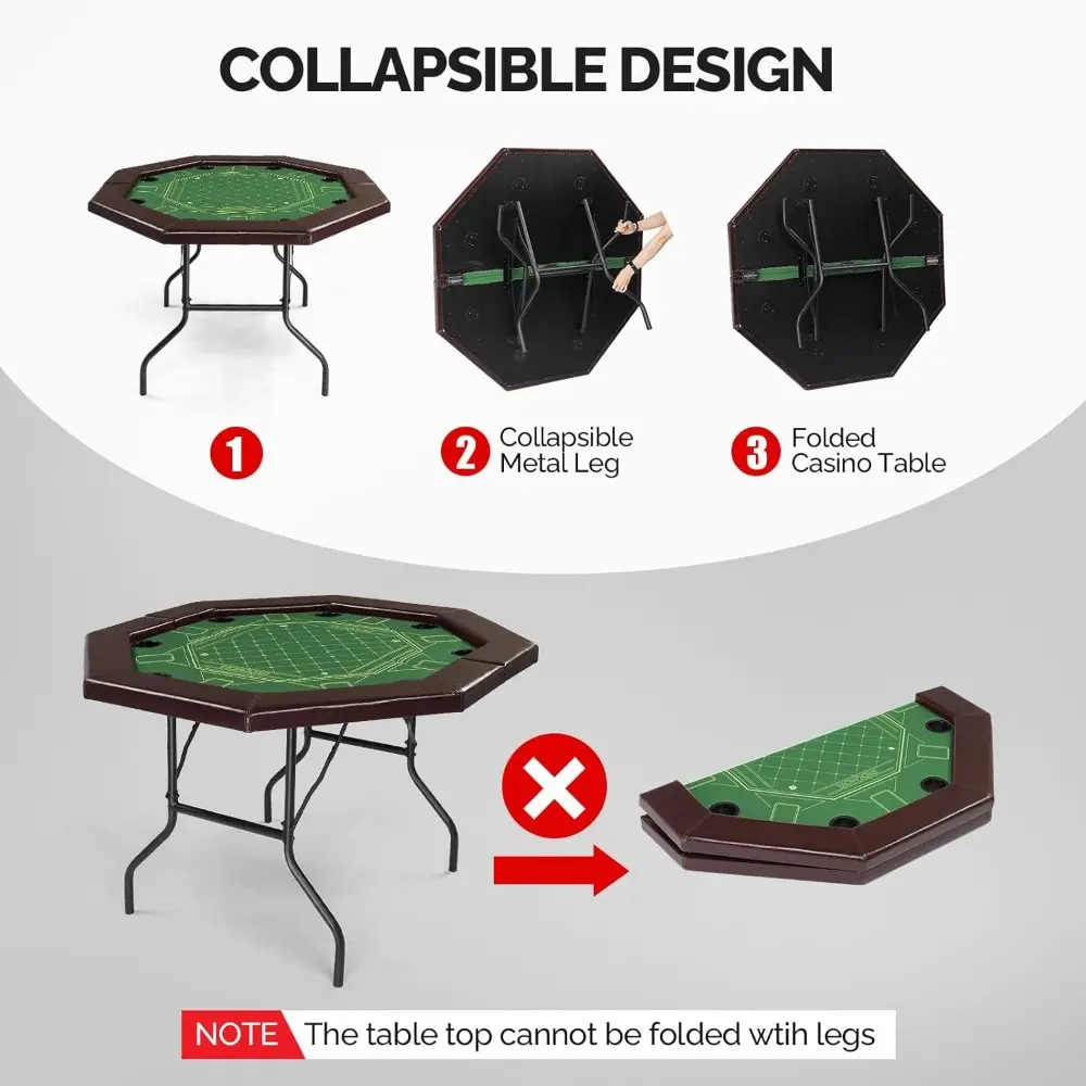 Foldable Poker Table, 8 Player Octagonal Folding Texas Holdem Blackjack Table w/Casino-Grade Felt, Water-Resistant Cushioned Ra
