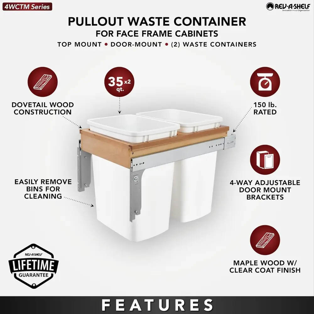 Rev-A-Shelf Double Pullout Trash Can for Under Kitchen Cabinets 35 Quart 8.75 Gallon, Top Mount 14.75 Inch Wide, White, 4WCTM-18
