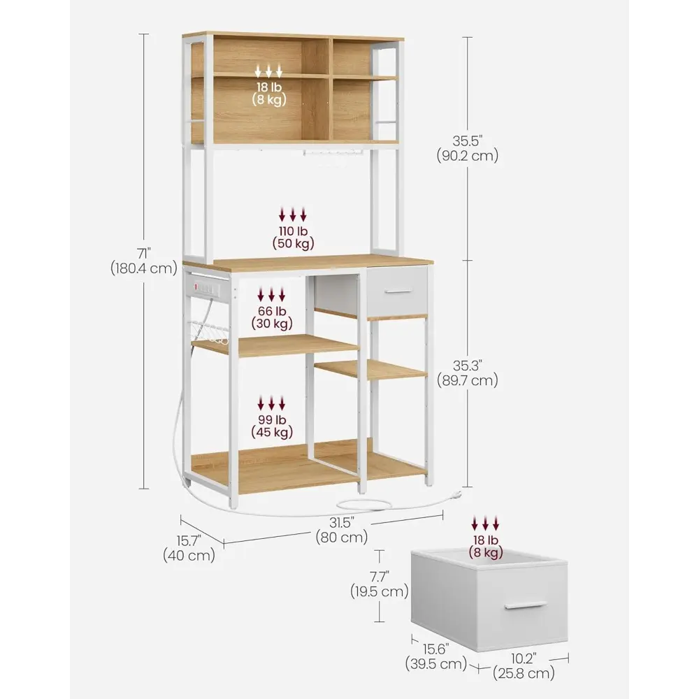 Bakers Rack with Charging Station, Coffee Bar with Adjustable Storage Shelves, Fabric Drawer, 12 Hooks, 15.7 x 31.5 x 71 Inches
