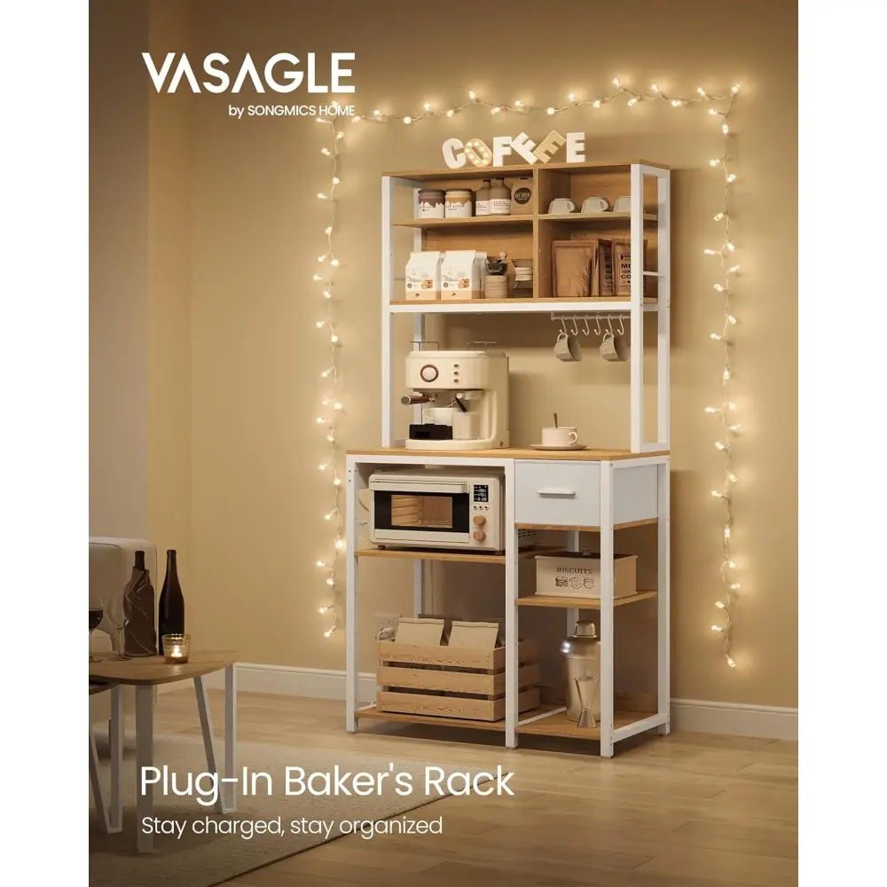 Bakers Rack with Charging Station, Coffee Bar with Adjustable Storage Shelves, Fabric Drawer, 12 Hooks, 15.7 x 31.5 x 71 Inches