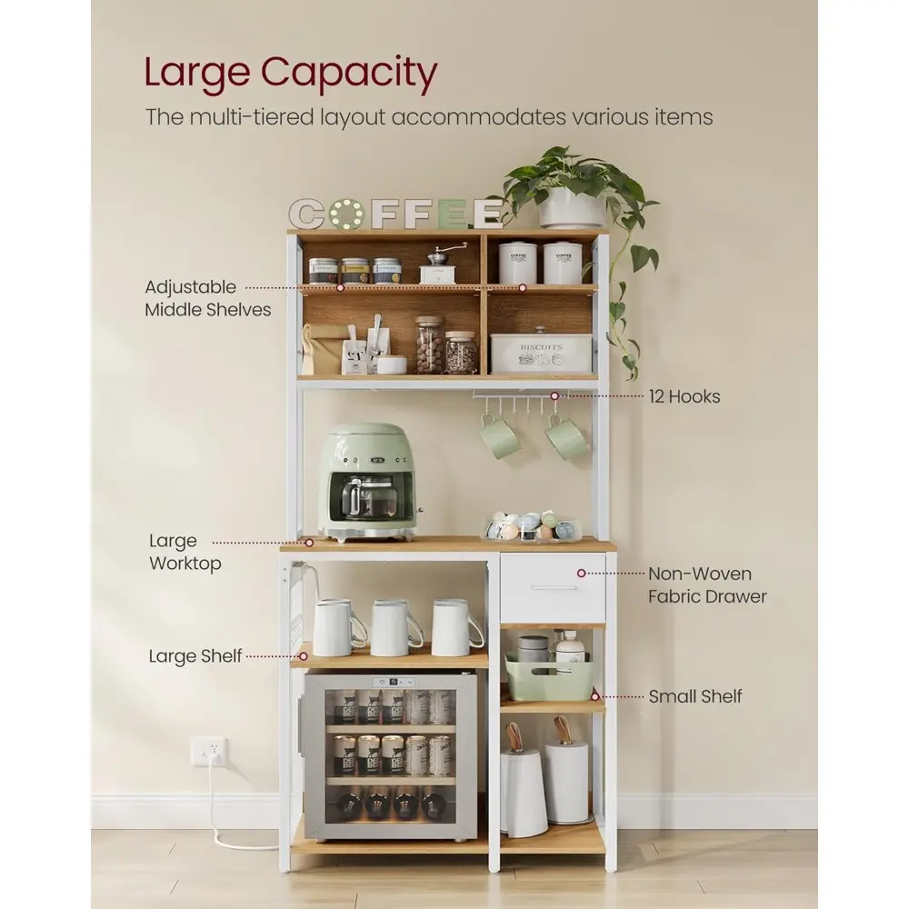 Bakers Rack with Charging Station, Coffee Bar with Adjustable Storage Shelves, Fabric Drawer, 12 Hooks, 15.7 x 31.5 x 71 Inches