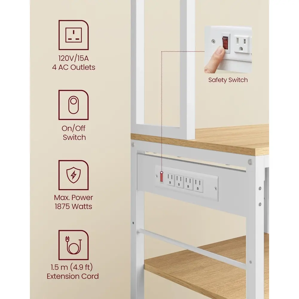 Bakers Rack with Charging Station, Coffee Bar with Adjustable Storage Shelves, Fabric Drawer, 12 Hooks, 15.7 x 31.5 x 71 Inches