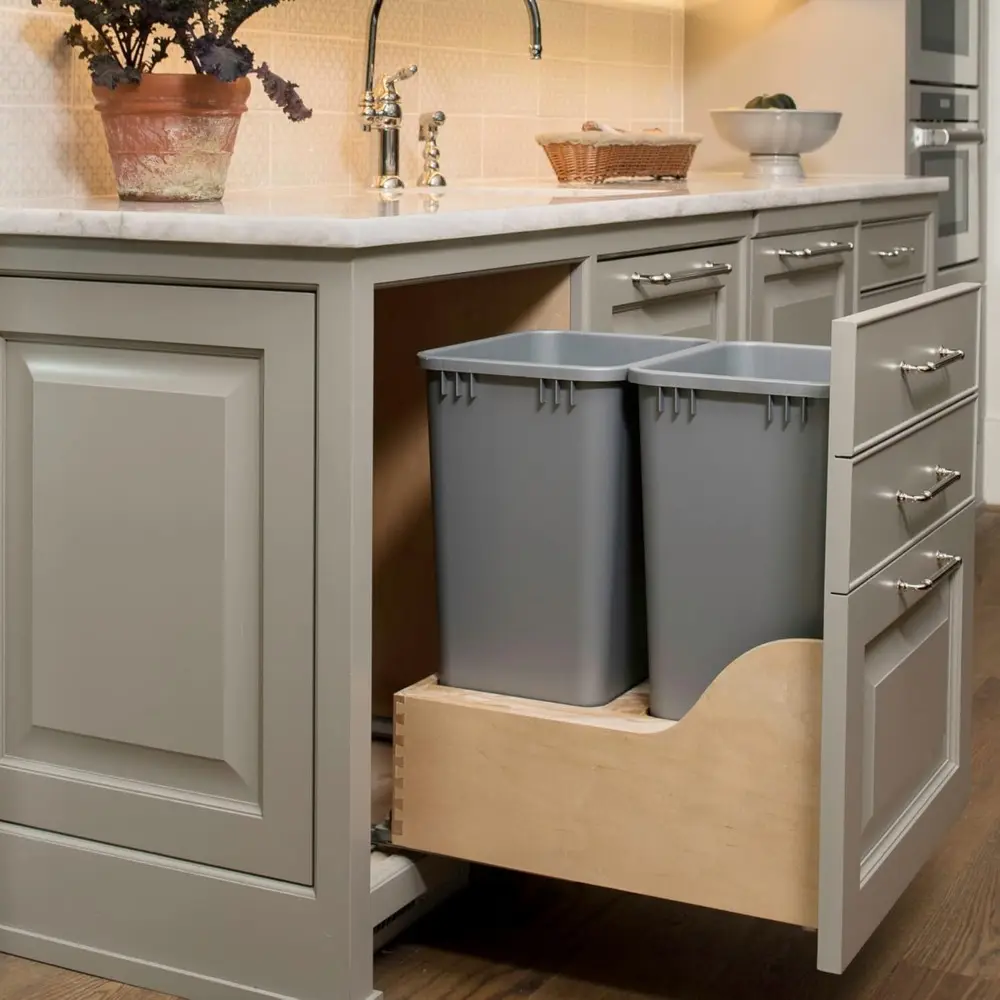 Rev-A-Shelf Pullout Trash Cans for Kitchen Cabinet, Dual 50 Qt Bins with 18" Wood Frame - Large Garbage Bin Containers for Home
