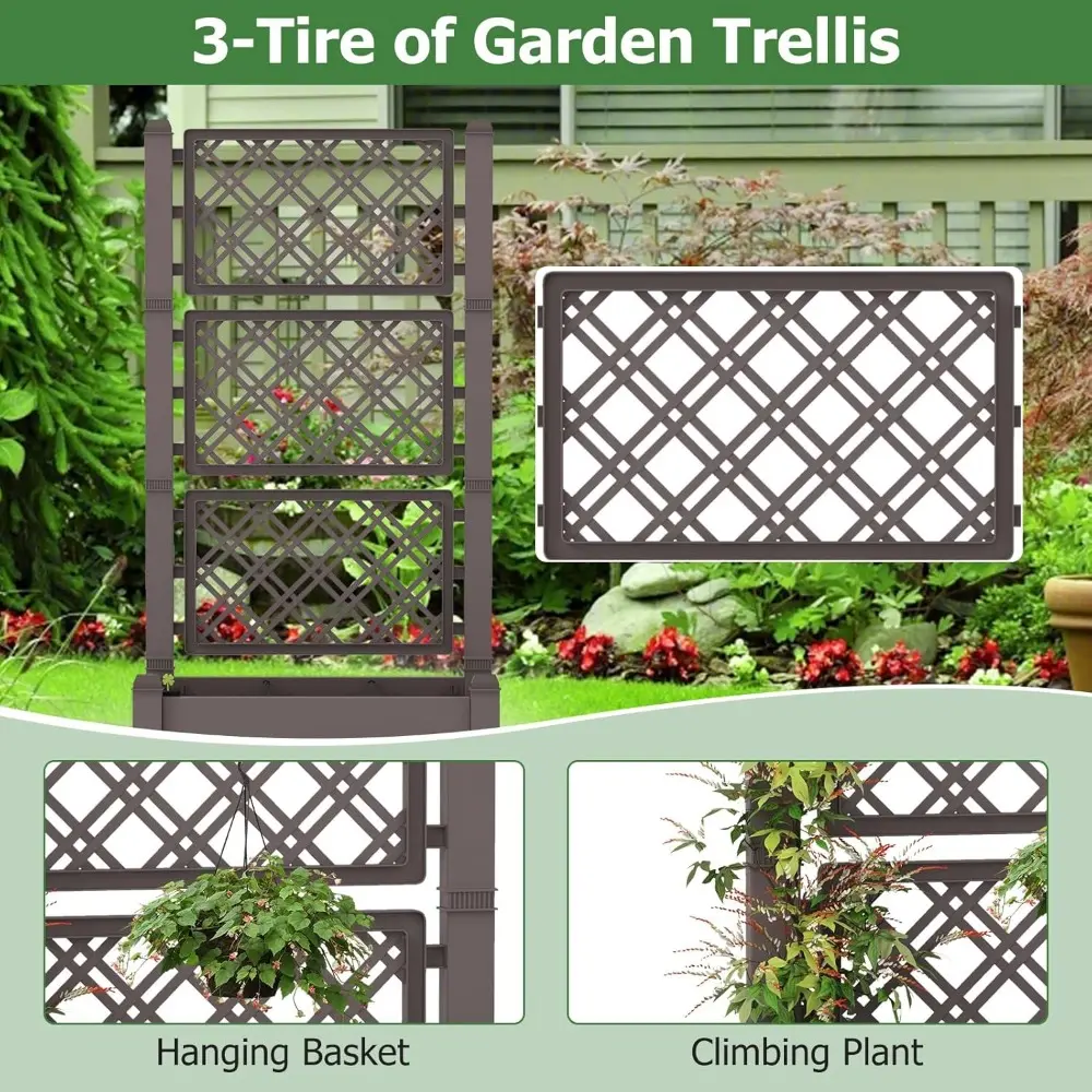 2 Pieces Garden Planter with Trellis, Self Watering Raised Garden Bed with Drainage Hole & Water Level Monitor, Outdoor Planter