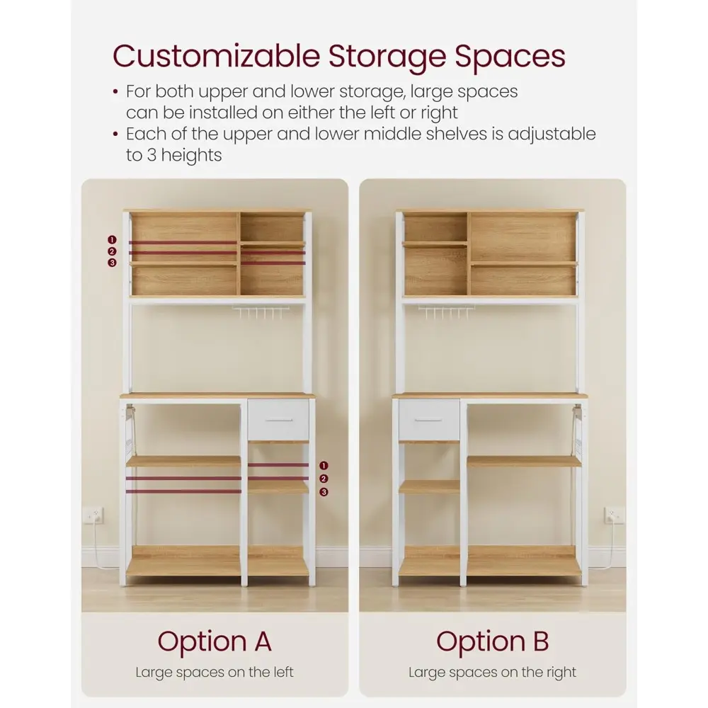 Bakers Rack with Charging Station, Coffee Bar with Adjustable Storage Shelves, Fabric Drawer, 12 Hooks, 15.7 x 31.5 x 71 Inches