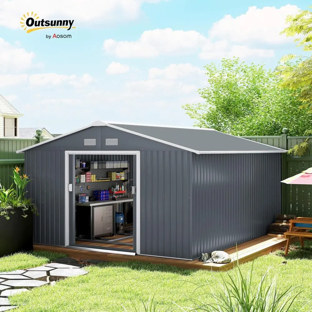 11' x 13' Outdoor Storage Shed, Garden Tool Metal Shed with Foundation Kit, Double Lockable Door, Air Vents and Sloping Roof, f