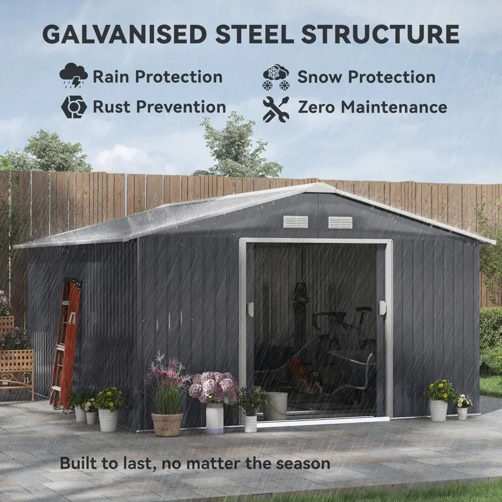 11' x 13' Outdoor Storage Shed, Garden Tool Metal Shed with Foundation Kit, Double Lockable Door, Air Vents and Sloping Roof, f