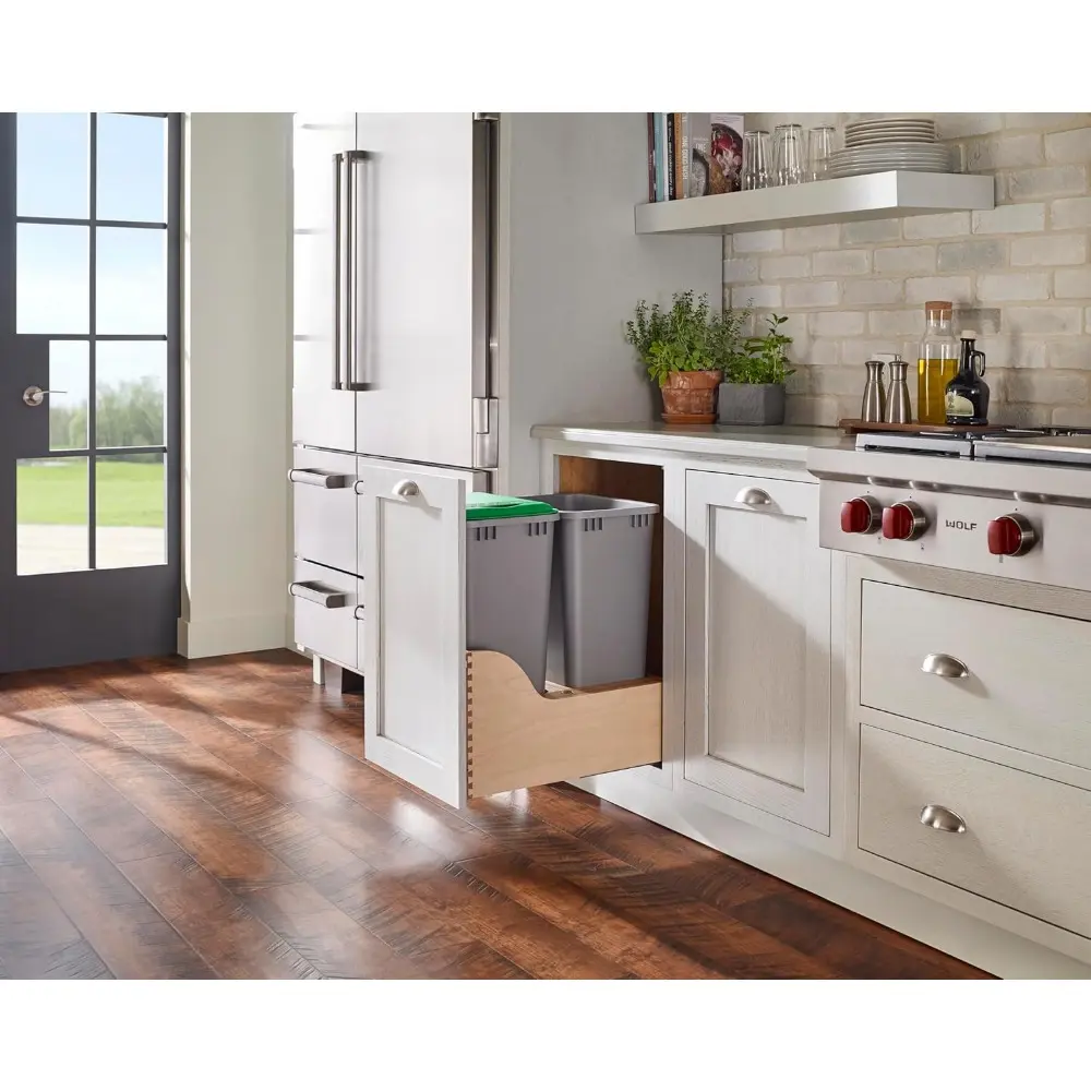 Rev-A-Shelf Pullout Trash Cans for Kitchen Cabinet, Dual 50 Qt Bins with 18" Wood Frame - Large Garbage Bin Containers for Home
