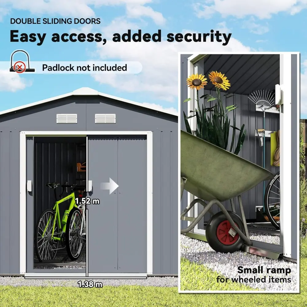 11' x 13' Outdoor Storage Shed, Garden Tool Metal Shed with Foundation Kit, Double Lockable Door, Air Vents and Sloping Roof, f