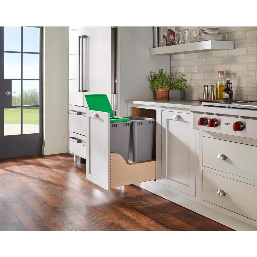 Rev-A-Shelf Pullout Trash Cans for Kitchen Cabinet, Dual 50 Qt Bins with 18" Wood Frame - Large Garbage Bin Containers for Home