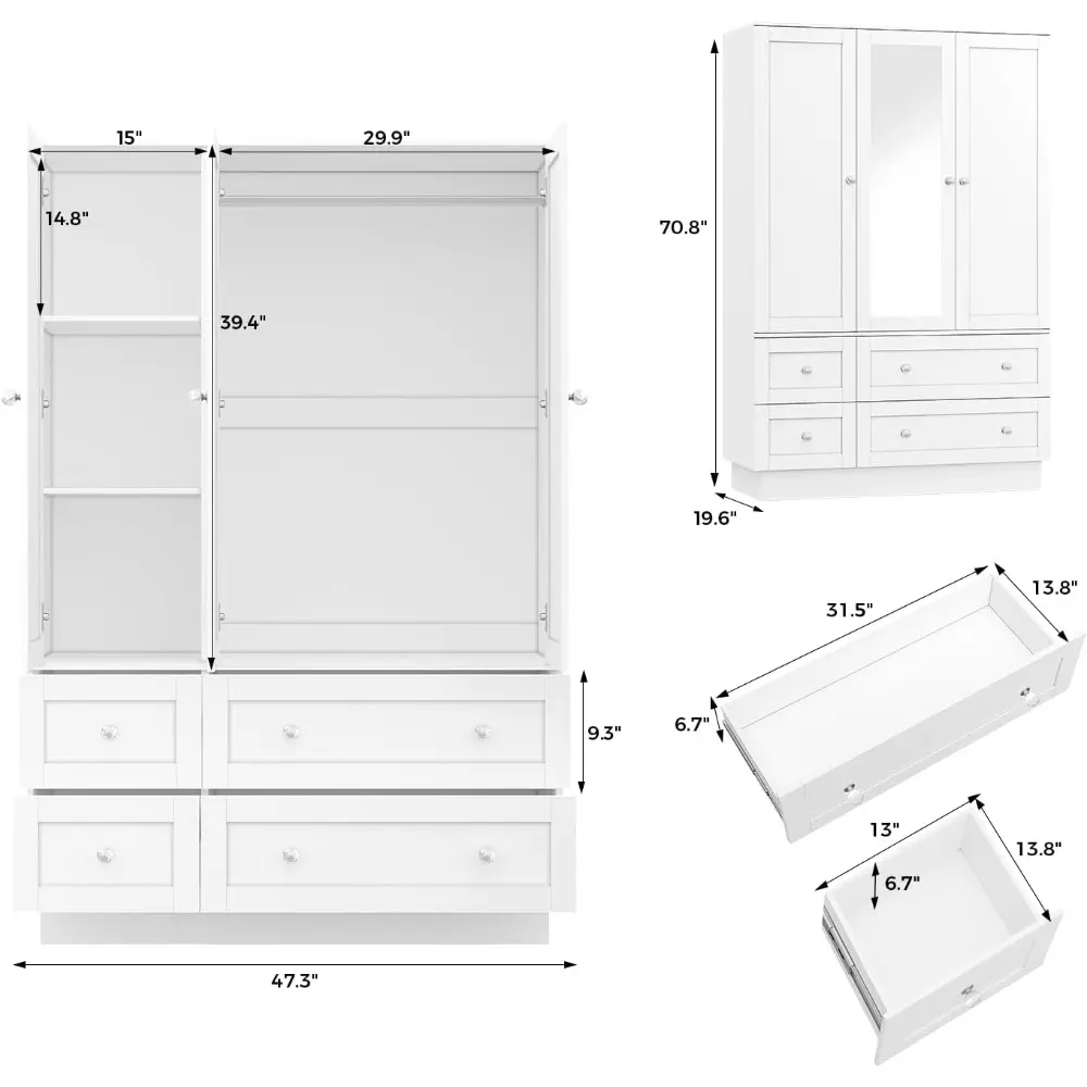 Wardrobe Closet with 3 Doors, Bedroom Armoire with Mirror, LED Light, 4 Drawers and Hanging Rod, Large Capacity Storage Closet