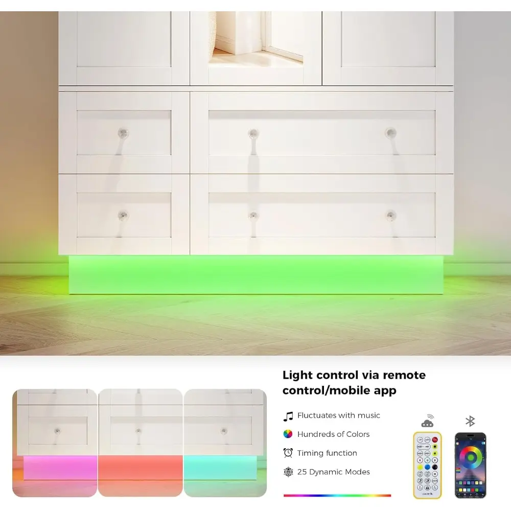 Wardrobe Closet with 3 Doors, Bedroom Armoire with Mirror, LED Light, 4 Drawers and Hanging Rod, Large Capacity Storage Closet