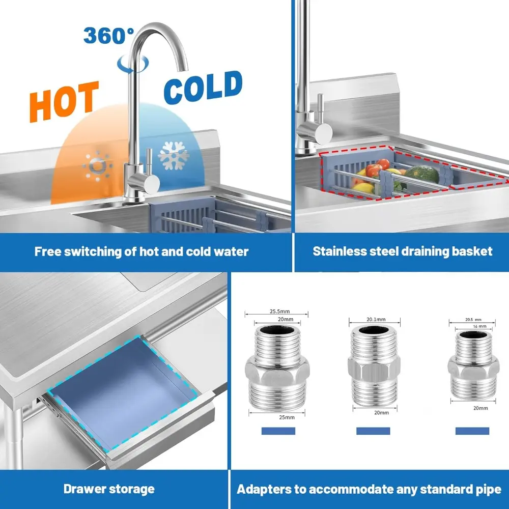 Stainless Steel Utility Sink Freestanding Single Bowl Laundry Sink with Hot and Cold Water Plumbing Workbench Drawers for Laundr