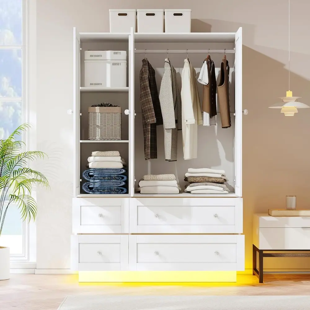 Wardrobe Closet with 3 Doors, Bedroom Armoire with Mirror, LED Light, 4 Drawers and Hanging Rod, Large Capacity Storage Closet