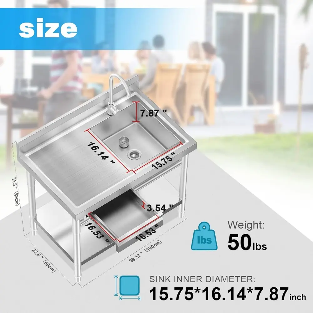 Stainless Steel Utility Sink Freestanding Single Bowl Laundry Sink with Hot and Cold Water Plumbing Workbench Drawers for Laundr