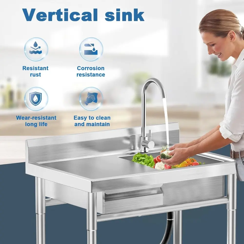 Stainless Steel Utility Sink Freestanding Single Bowl Laundry Sink with Hot and Cold Water Plumbing Workbench Drawers for Laundr