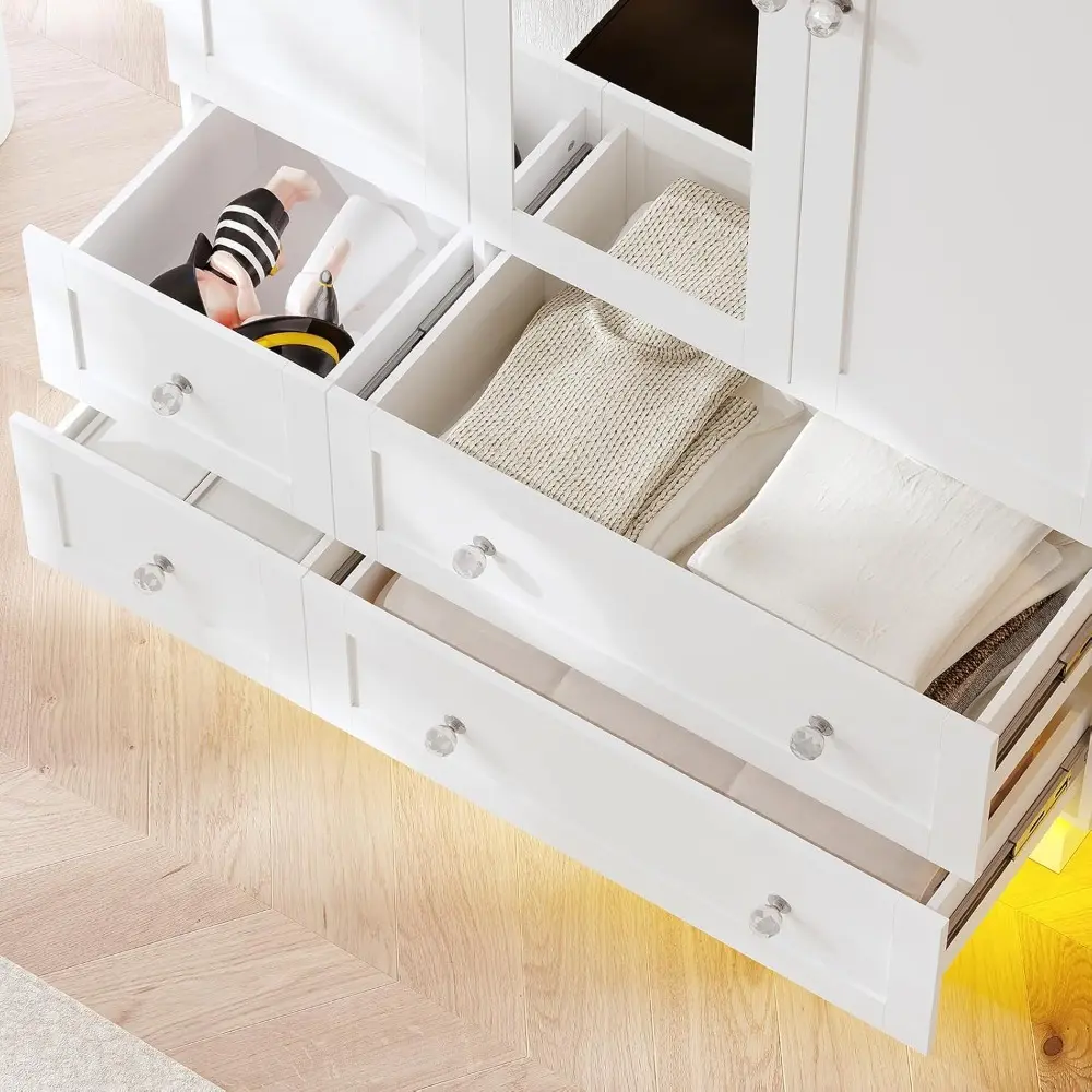 Wardrobe Closet with 3 Doors, Bedroom Armoire with Mirror, LED Light, 4 Drawers and Hanging Rod, Large Capacity Storage Closet