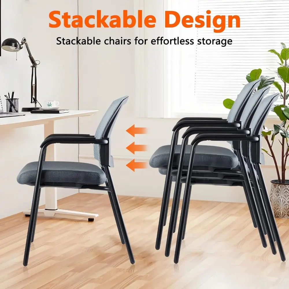 Stacking Chairs Set of 4, Stackable Waiting Room Chairs No Wheels with Armrest, Ergonomic Mesh Office Reception Guest Chair for