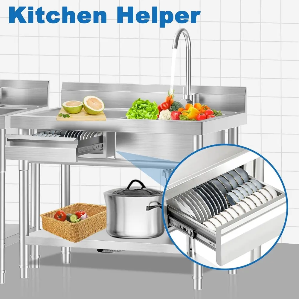 Stainless Steel Utility Sink Freestanding Single Bowl Laundry Sink with Hot and Cold Water Plumbing Workbench Drawers for Laundr