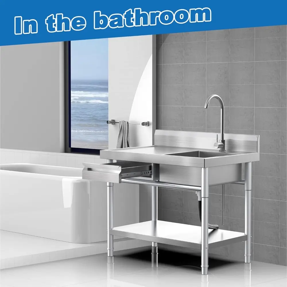 Stainless Steel Utility Sink Freestanding Single Bowl Laundry Sink with Hot and Cold Water Plumbing Workbench Drawers for Laundr