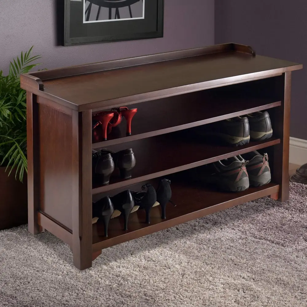 Winsome Dayton Storage Hall Bench with Shelves, Antique Walnut (94841)